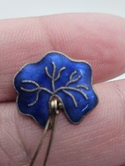 Vintage Water Lily Leaf Blue Enamel Dangle Pearl Sterling Silver Stud Earrings