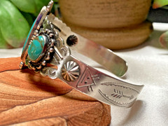 Fred Harvey Era Bell Trading Post Turquoise Three Stone Sterling Cuff Bracelet