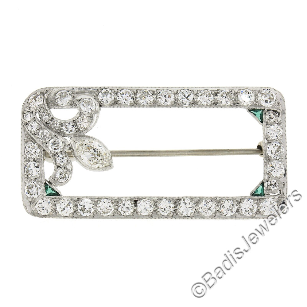 Antique Art Deco Platinum Old Cut Diamond w/ Emeralds Open Geometric Brooch Pin