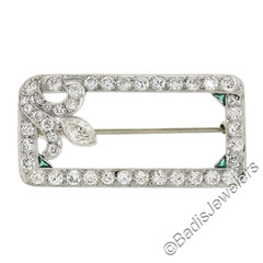 Antique Art Deco Platinum Old Cut Diamond w/ Emeralds Open Geometric Brooch Pin