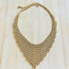 Chainmail Rolo Chain Bib Necklace VTG Statement Collar Gold Mesh Waterfall 18″