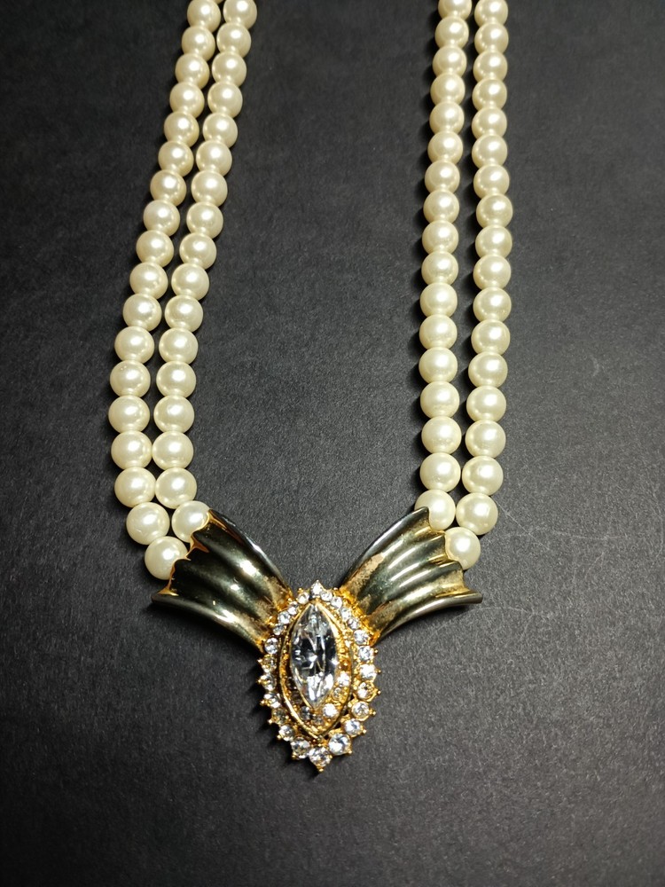 Vintage 2 Strand Faux Pearl Choker Necklace Art Deco Gold Crystal Rhinestone Bow