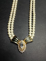 Vintage 2 Strand Faux Pearl Choker Necklace Art Deco Gold Crystal Rhinestone Bow