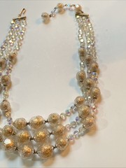 Vintage Mid-Century 3-Strand Beaded Gold Clear AB Acrylic Necklace 15 inch Japan