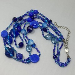 Layered Art Glass Necklace Blue Marble Opaque Transparent Bead Seed Acrylic 20″