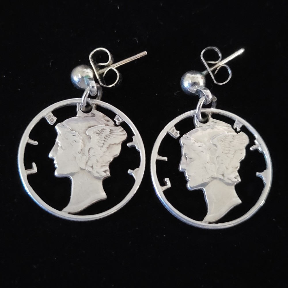 Mercury Dime Cutout Pierced Earrings Vintage .900 Silver Dangle Earrings