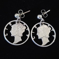 Mercury Dime Cutout Pierced Earrings Vintage .900 Silver Dangle Earrings