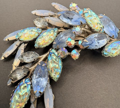 Vintage Light Blue AB Aurora Borealis Crystal Moonstone Glass Navette Brooch