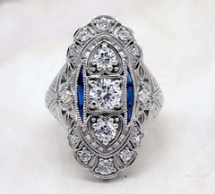 Art Deco Vintage Style Lab Created Diamond Wedding Anniversary 925 Silver Ring