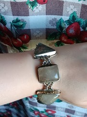Vintage Silver Rutilated Quartz Triangle Shaped Stones Link Bracelet 8″