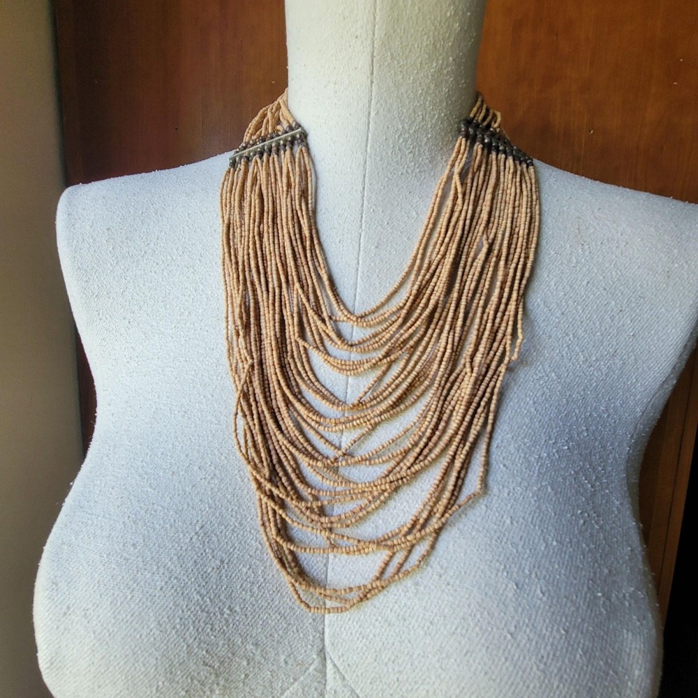 Vintage Natural Beaded Multi Strand Boho Statement Waterfall Necklace NEW