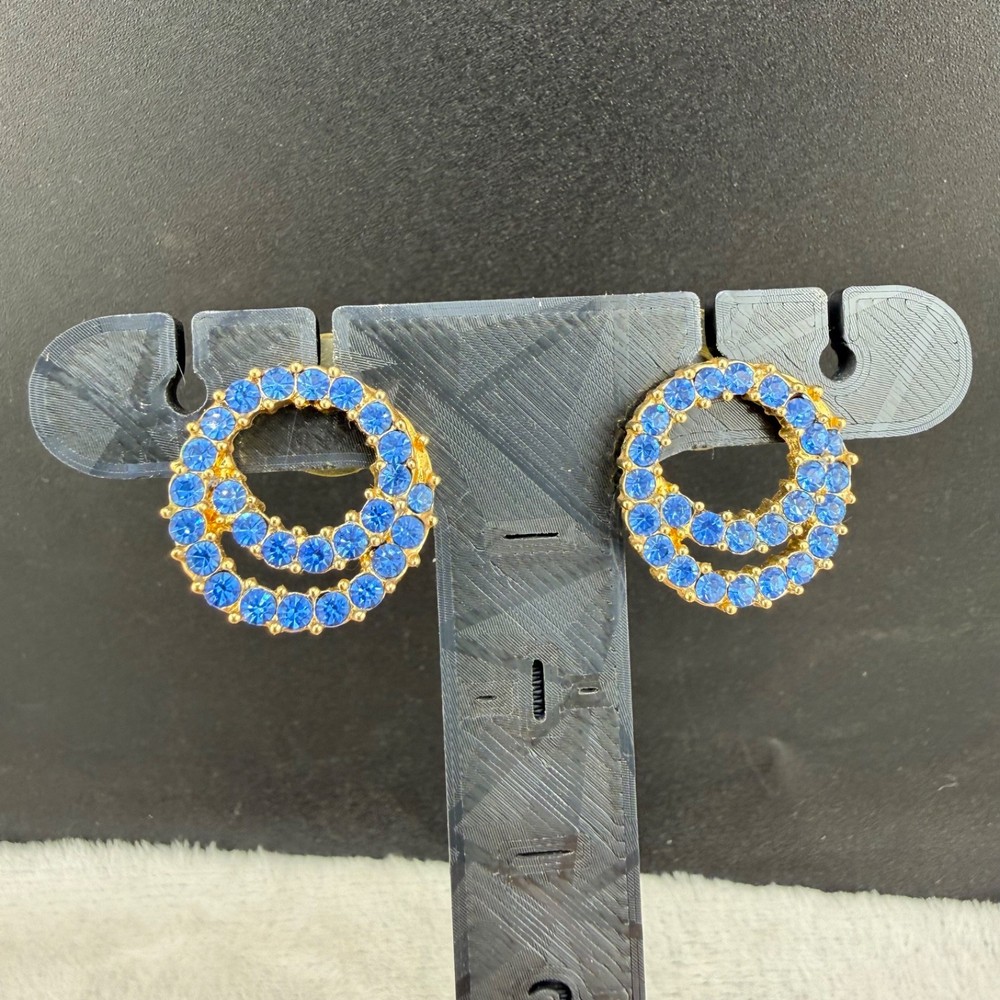 Vintage Rhinestone Pierced Earrings Gold Tone Blue Sparkle