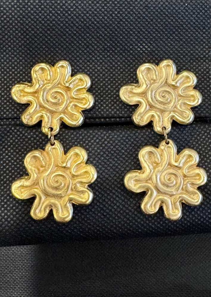 Vintage 1980s Dangle Gold Tone Sunburst Flower Earrings Runway Statement 2.25”