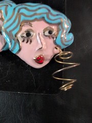 One of a Kind Quirky Porcelain Enamel Earrings of a Artistic Woman’s Face 1 3/4″