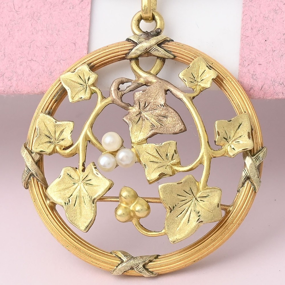 Antique Edwardian French Ivy & Berry Gold Plate Pearl Pendant