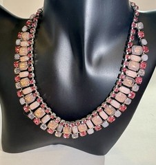 Vintage Juliana Style Pink Art Glass Rhinestone Statement Necklace Silver Tone