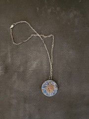 Vintage Taxco Sterling Silver Sun Face Pendant Blue Stone Inlay /Sterling Chain