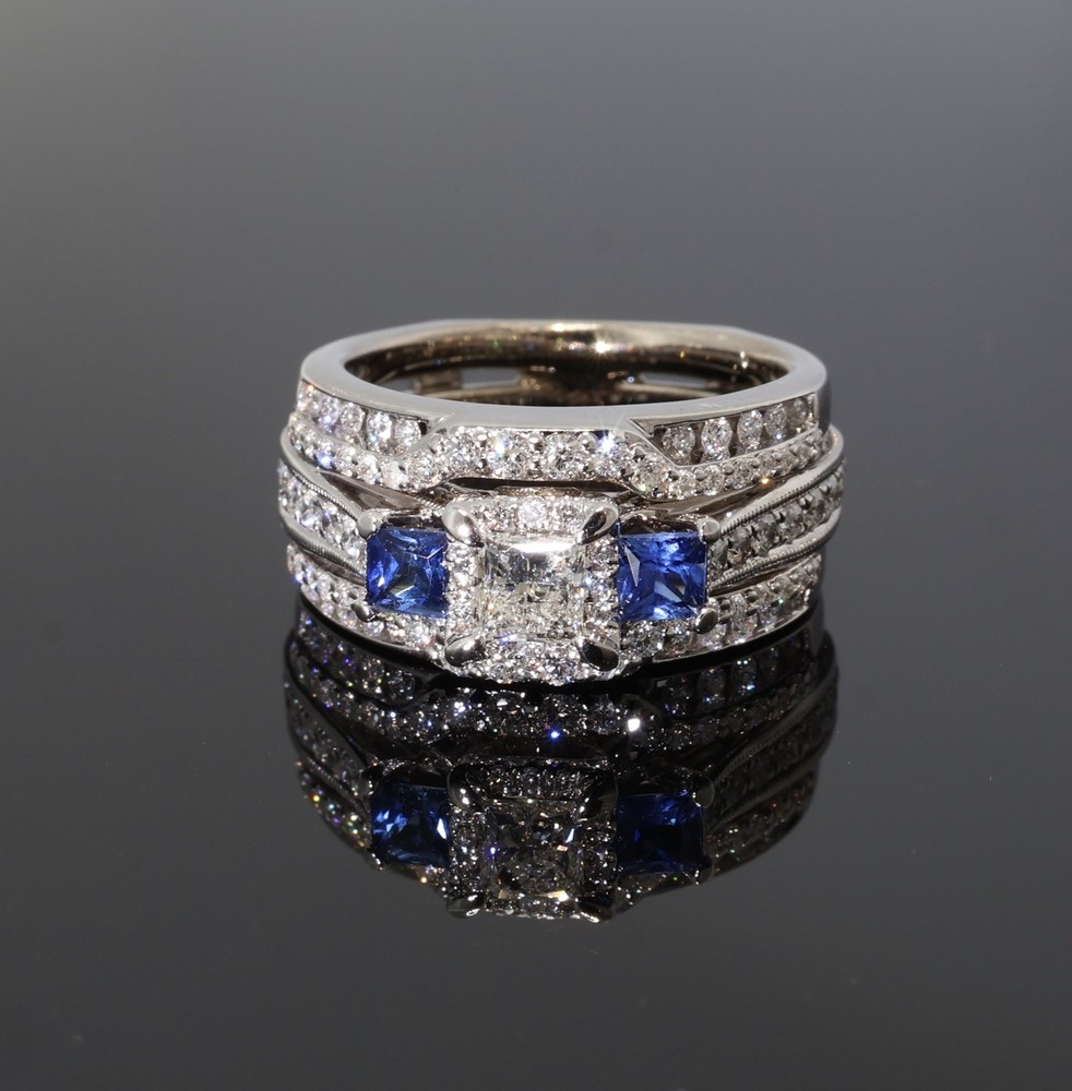 Vintage 14k White Gold Diamond & Sapphire Triple Bridal Ring Set sz L Val $9690