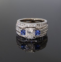 Vintage 14k White Gold Diamond & Sapphire Triple Bridal Ring Set sz L Val $9690