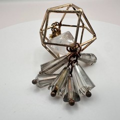Vintage Gold Tone Geometric Cage Pendant with Clear Lucite Crystal Prism