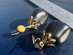 Vintage Eggplant Glass French Jet Style Dangle-Drop Earrings w Ornate Metal Caps