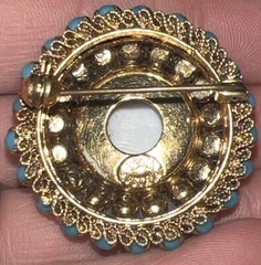 Vintage 1950’s Austrian Turquoise Stone Domed Round Gold Filigree Brooch 1.5”