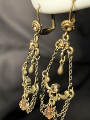 Antique Chandelier Peach Beads Earrings Alloy Metal Self Clasp Beautiful 2inch