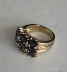 Vintage Blue Sapphire & Diamond Chip Cluster Ring, Size 6, Gold Plated Statement