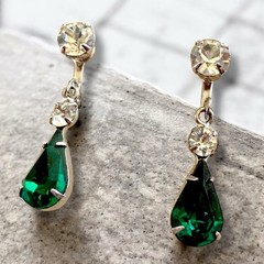 Green Rhinestone Earrings Drop Dangle Screw Back Clip Vintage Mid Century