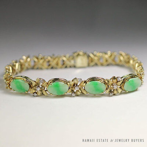 Vintage Burmese Jadeite Jade & Diamond Floral 14k Yellow Gold Bracelet w/ Papers