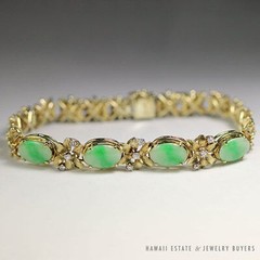 Vintage Burmese Jadeite Jade & Diamond Floral 14k Yellow Gold Bracelet w/ Papers