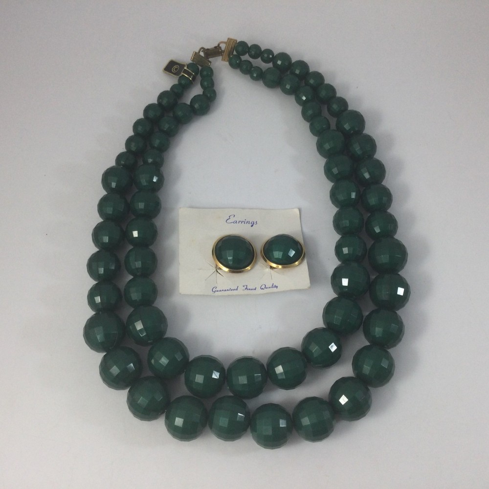 Vintage Double Layered Plastic Round Faceted Green Beaded Necklace Earrings