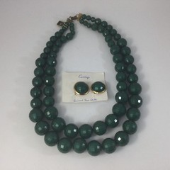 Vintage Double Layered Plastic Round Faceted Green Beaded Necklace Earrings