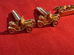 Vintage Gold Tone Open Top Model A Tie Bar Clasp and Cufflinks Set – Nice Shape