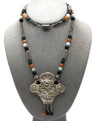 Vintage Chinese Lotus Pendant Necklace Semi Precious Stone Bead Amulet Statement