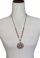 Vtg West Germany Filigree Pendant Necklace Pink Faux Opal Rhinestone Pearl