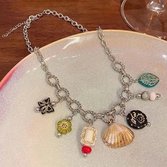 Vintage Zinc Alloy Rhinestone Butterfly Shell Choker Necklace with Tassel