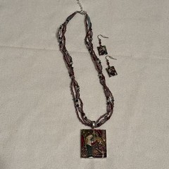Vintage Necklace Pendant Earring Set Art Enamel 1990-2000’s “Dating Girl”