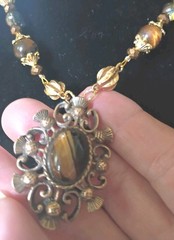 Antique Bronze Tiger’s Eye Oval Pendant Necklace & Dangle Earrings Set