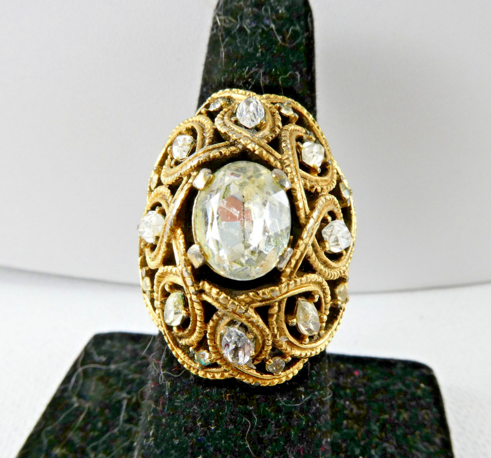 Vintage Crown Trifari Cocktail Ring Dome Shaped Gold Tone Clear Marquise Stones