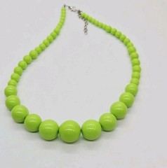 Neon Green Beaded Necklace Graduated round Ball 18 in Vintage Retro 21 in