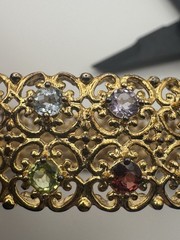 Vintage 925 China Gold Vermeil MultiGemstone Filigree Hinged Bangle Bracelet 30g
