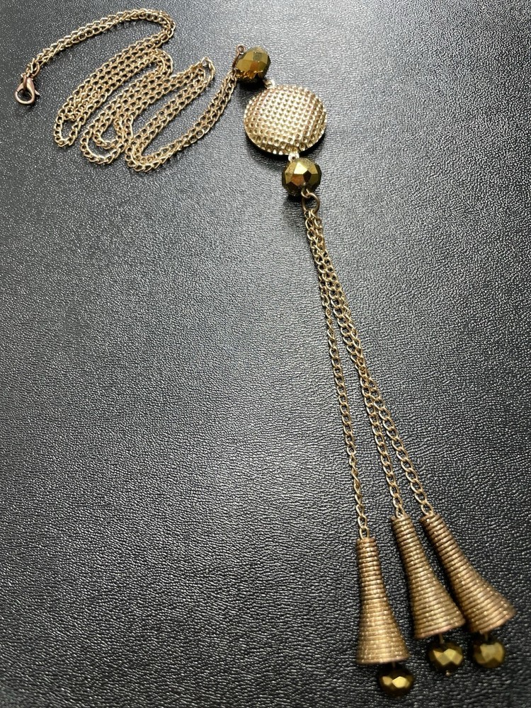 Vintage 28” Metallic Gold Faceted Beaded Chain Tassel Charm Necklace
