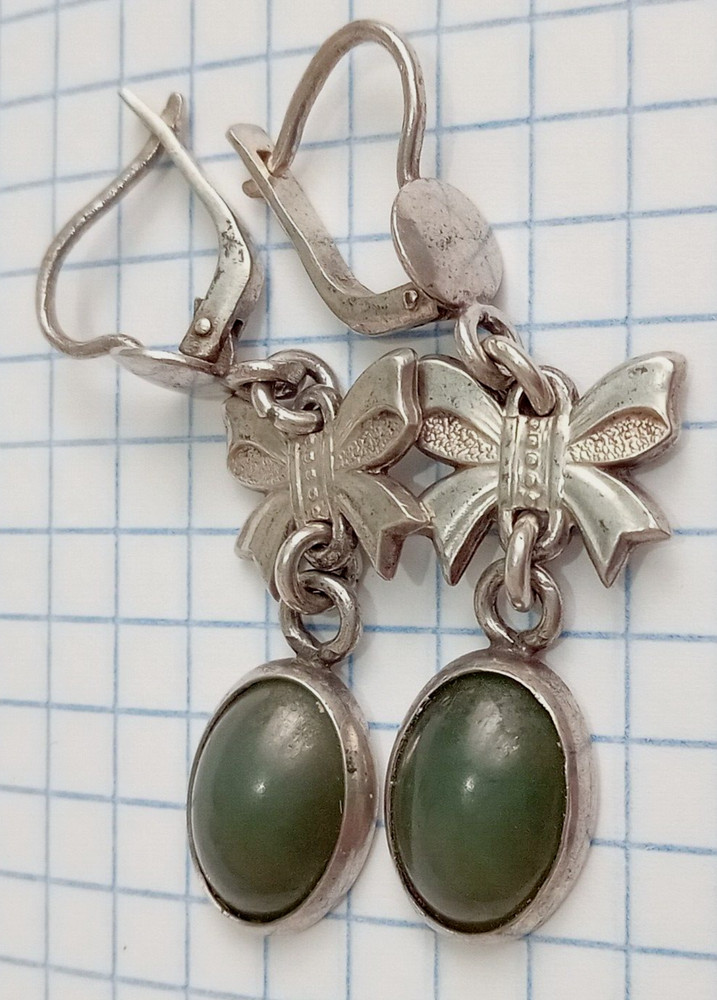 Vintage Earrings natural Nephrite stones Sterling Silver 925 star USSR Jewelry