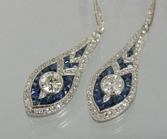 Art Deco Teardrop Earrings Lab Created Sapphire Diamond Milgrain Silver Dangle