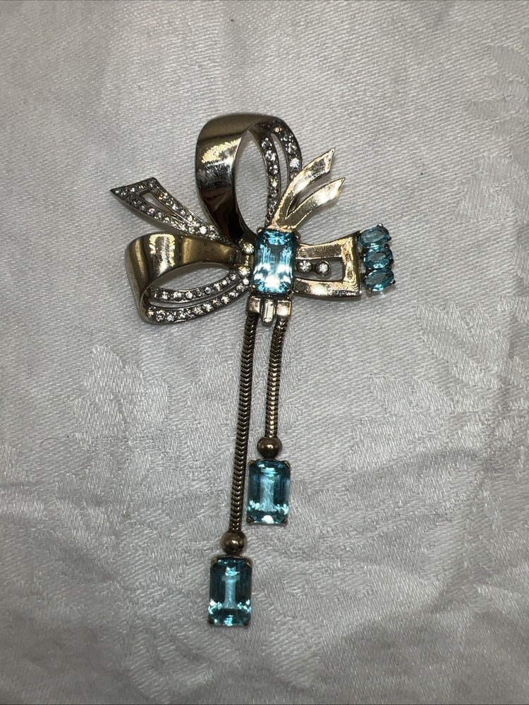 VTG Mazer Sterling Vermeil Aqua Rhinestone Ribbon Bow Dangle Brooch Pin