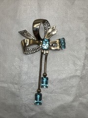 VTG Mazer Sterling Vermeil Aqua Rhinestone Ribbon Bow Dangle Brooch Pin