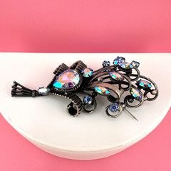Vintage Rhinestone Brooch Aqua Blue Aurora Borealis Floral Bouquet Pot Metal?