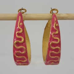 Vintage Gold Tone Pink Blue Enamel Dangle Hoop Earrings Statement