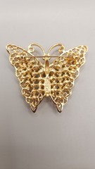 M J ENT 14K Gold Plated Butterfly Pin Brooch Faux Pearl Filigree Vintage Signed